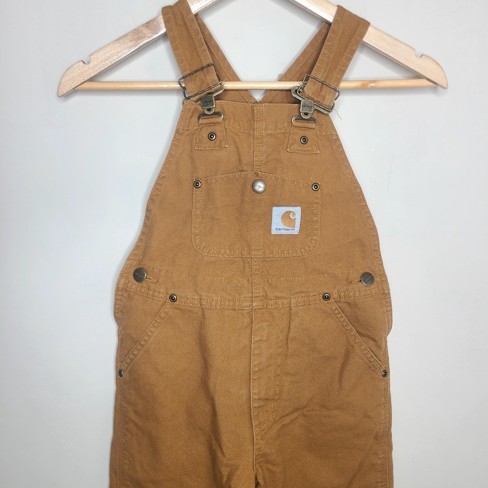 Carhartt Bib Overalls Boys 6 Brown Canvas Insulated Double Knee Flannel Lined - Picture 2 of 8